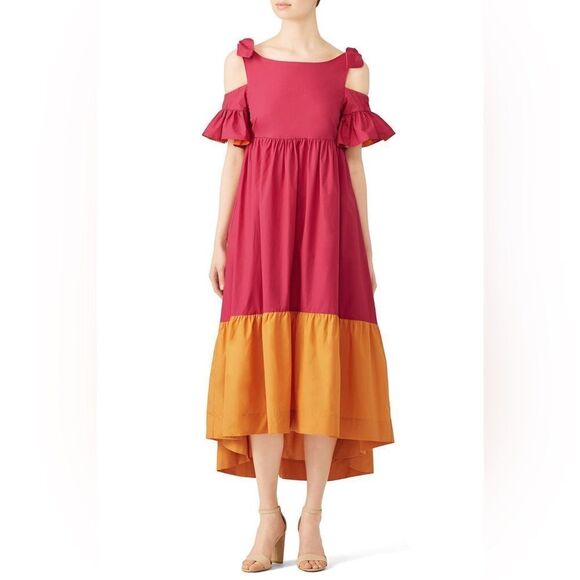 Pinko Dresses & Skirts - PINKO women’s Aggie Colorblock pink & orange off the shoulder midi Dress size 8
